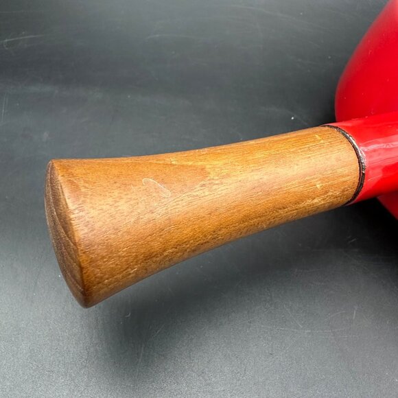 Vintage Fondue Pot Saucepan Dansk Kobenstyle Red Enamel Teak Wood No Lid - Picture 10 of 12